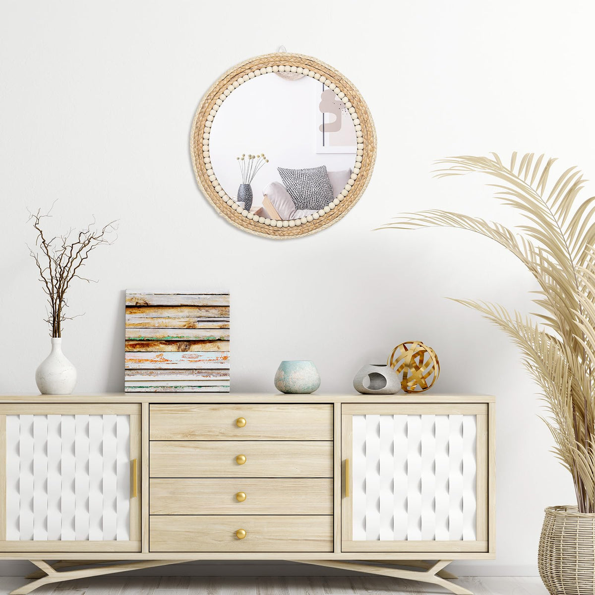 18 Inch Boho Round Hanging Wall Mirror Decorative Rattan Circle Mirrors for Farmhouse, Living Room, Bedroom
