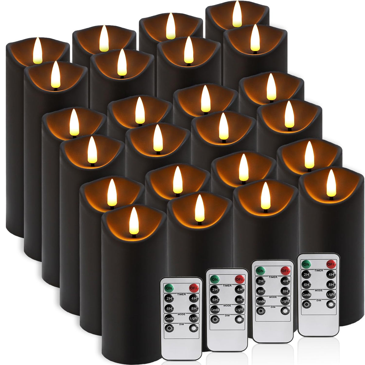 Realistic Flameless LED Candle Black Set of 24, Battery Operated with Remote Control, 3D Flame Pillar Timer Funtion