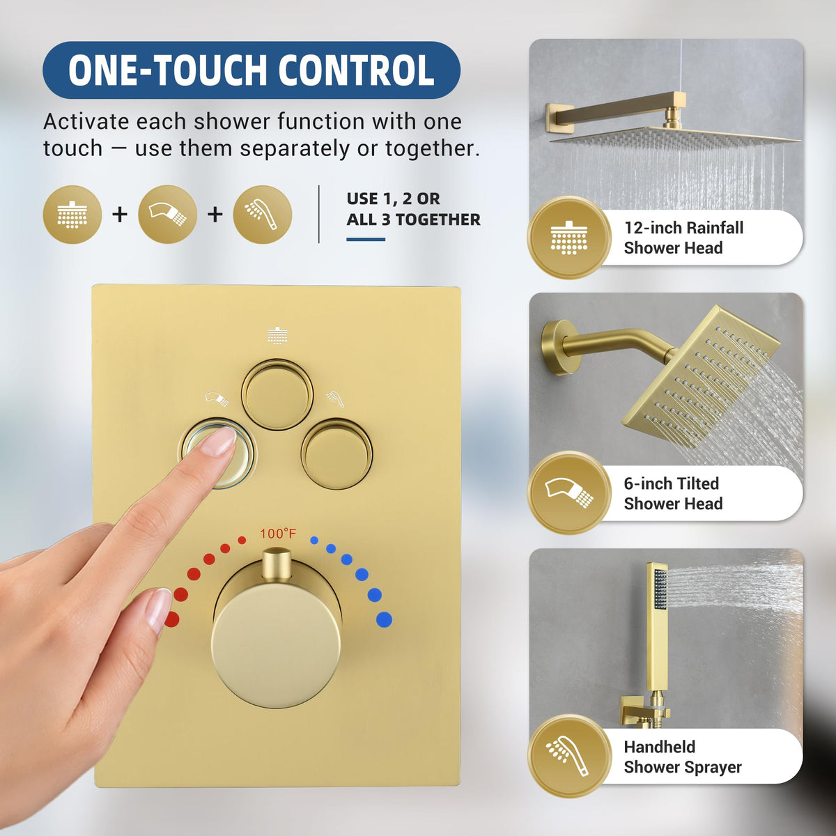 Thermostatic Dual Rainfall Shower System Brushed Gold Shower Fixtures