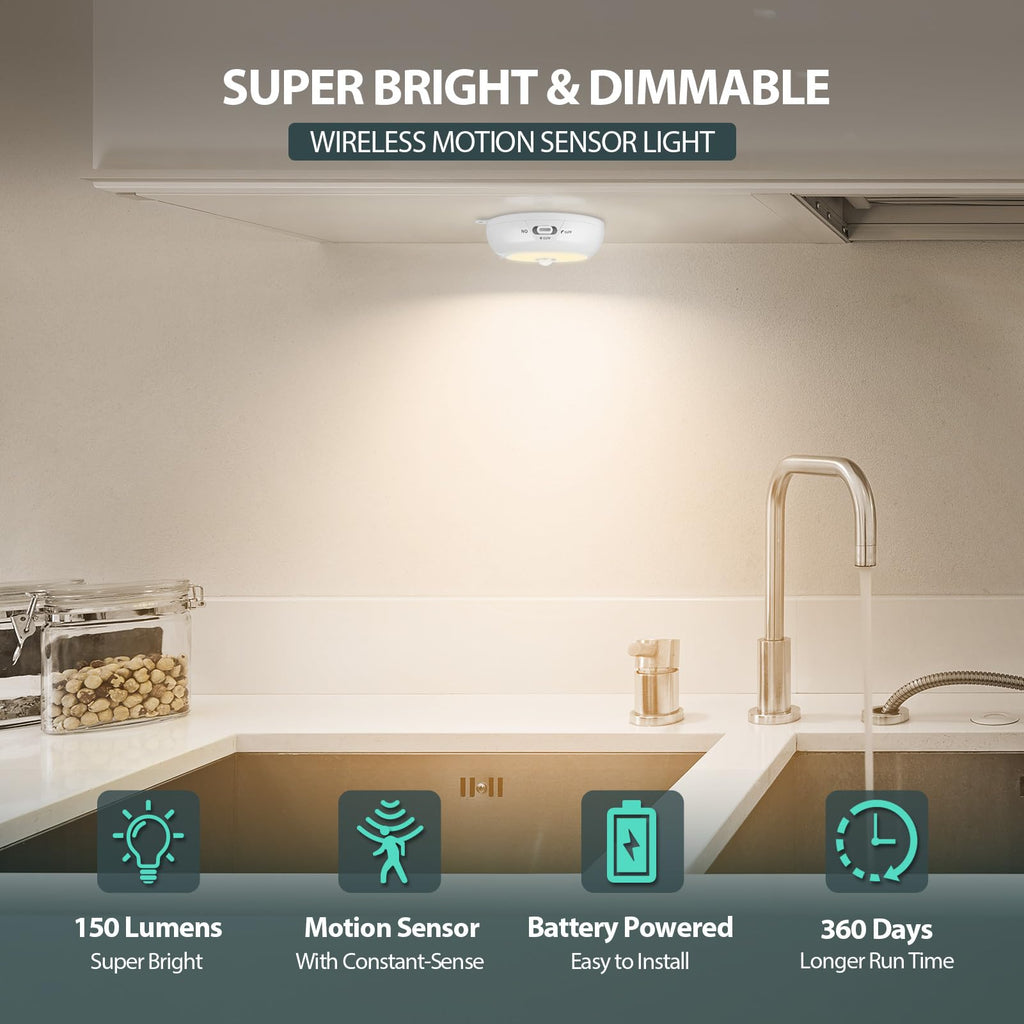 Motion Sensor Light Indoor AA Battery Operated, Under Cabinet Lighting, Magnetic Stick on LED Puck Lights for Stair