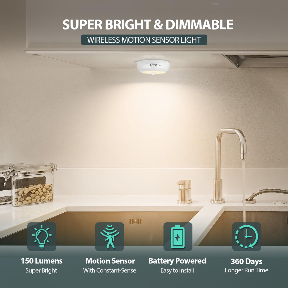 Motion Sensor Light Indoor AA Battery Operated, Under Cabinet Lighting, Magnetic Stick on LED Puck Lights for Stair