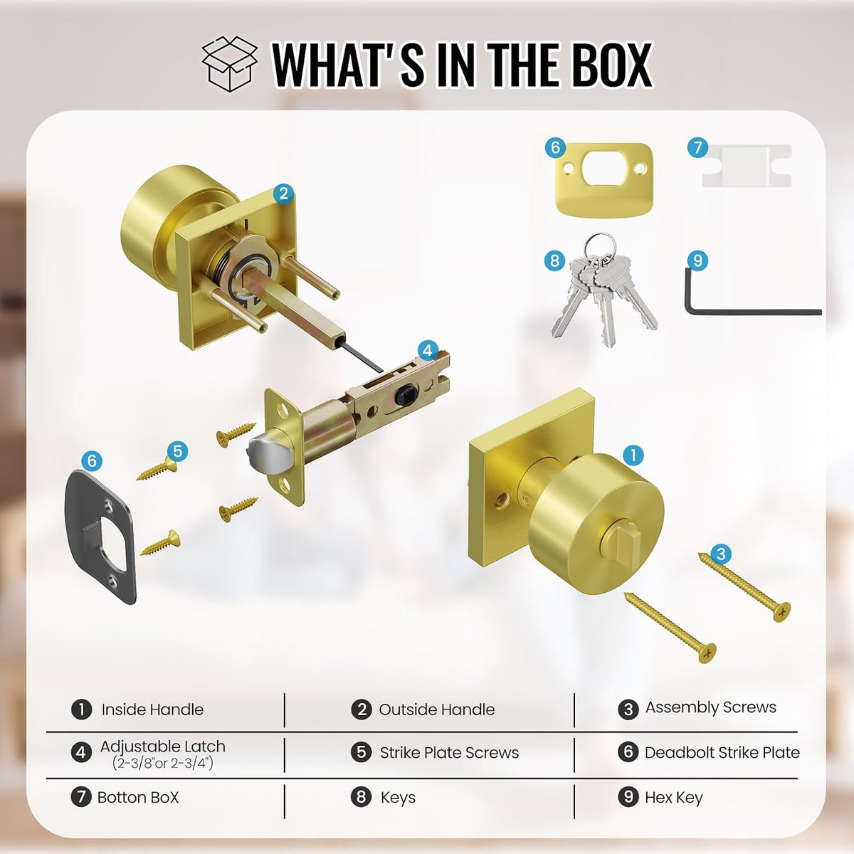 Exterior Entry Door Knob with Lock and Key, Brushed Gold Bedroom Lock
