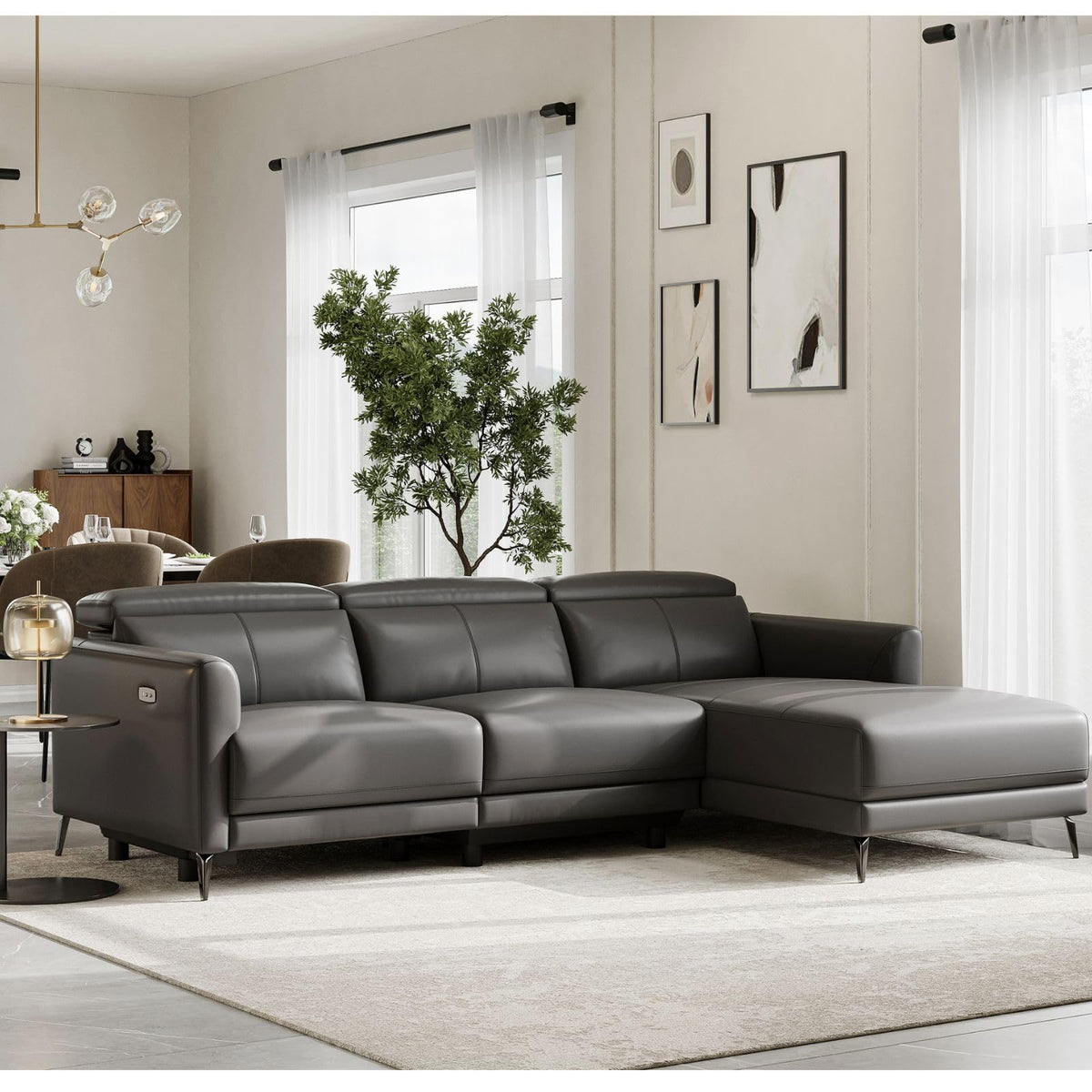 Andria 99.5" Leather Sectional Couch, Power Recliner with Right Chaise - Cloudy Grey