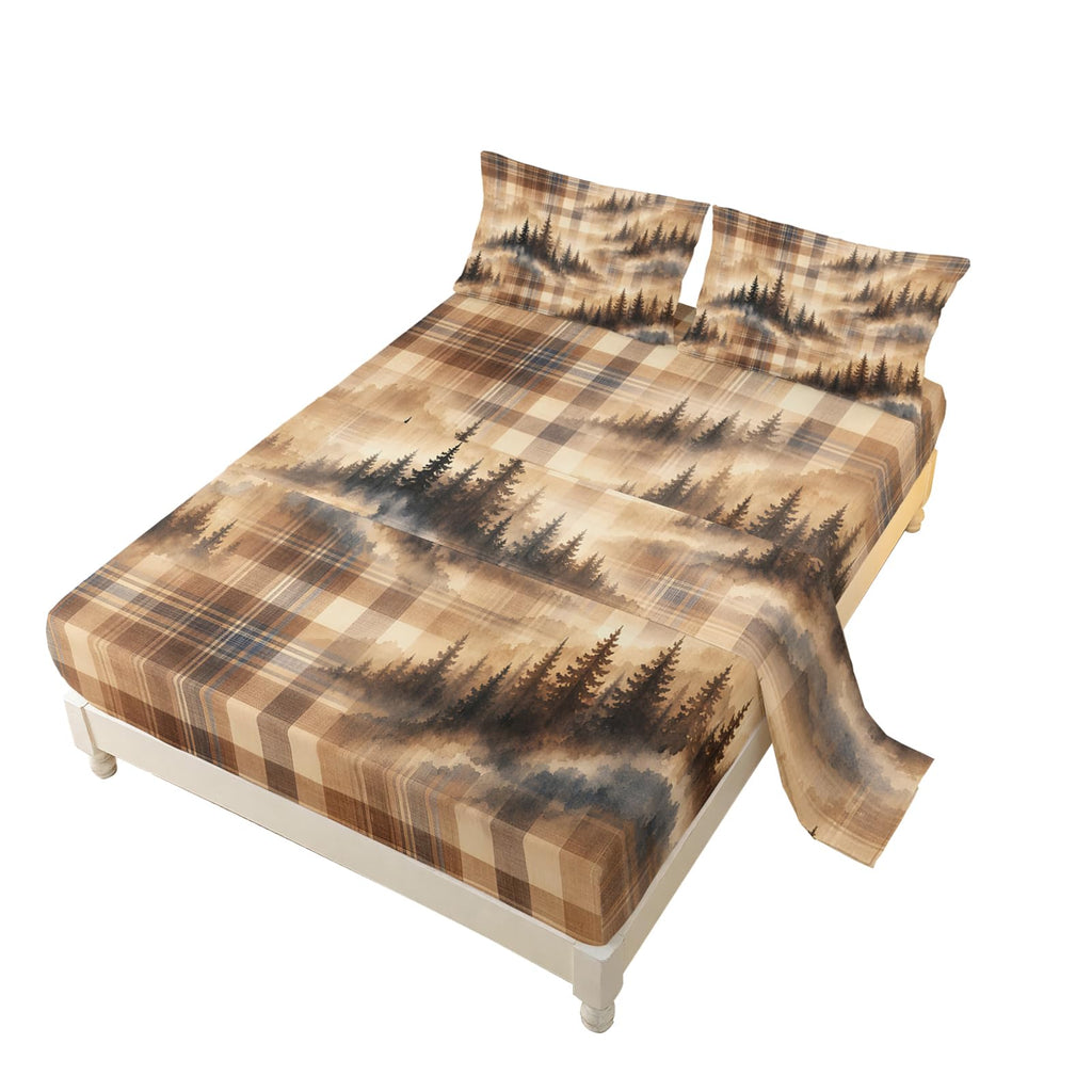 Misty Pine Bedding Collection, Beige Check Tree Silhouette 4 Piece with Fitted and Flat Sheets, 2 Pillowcases