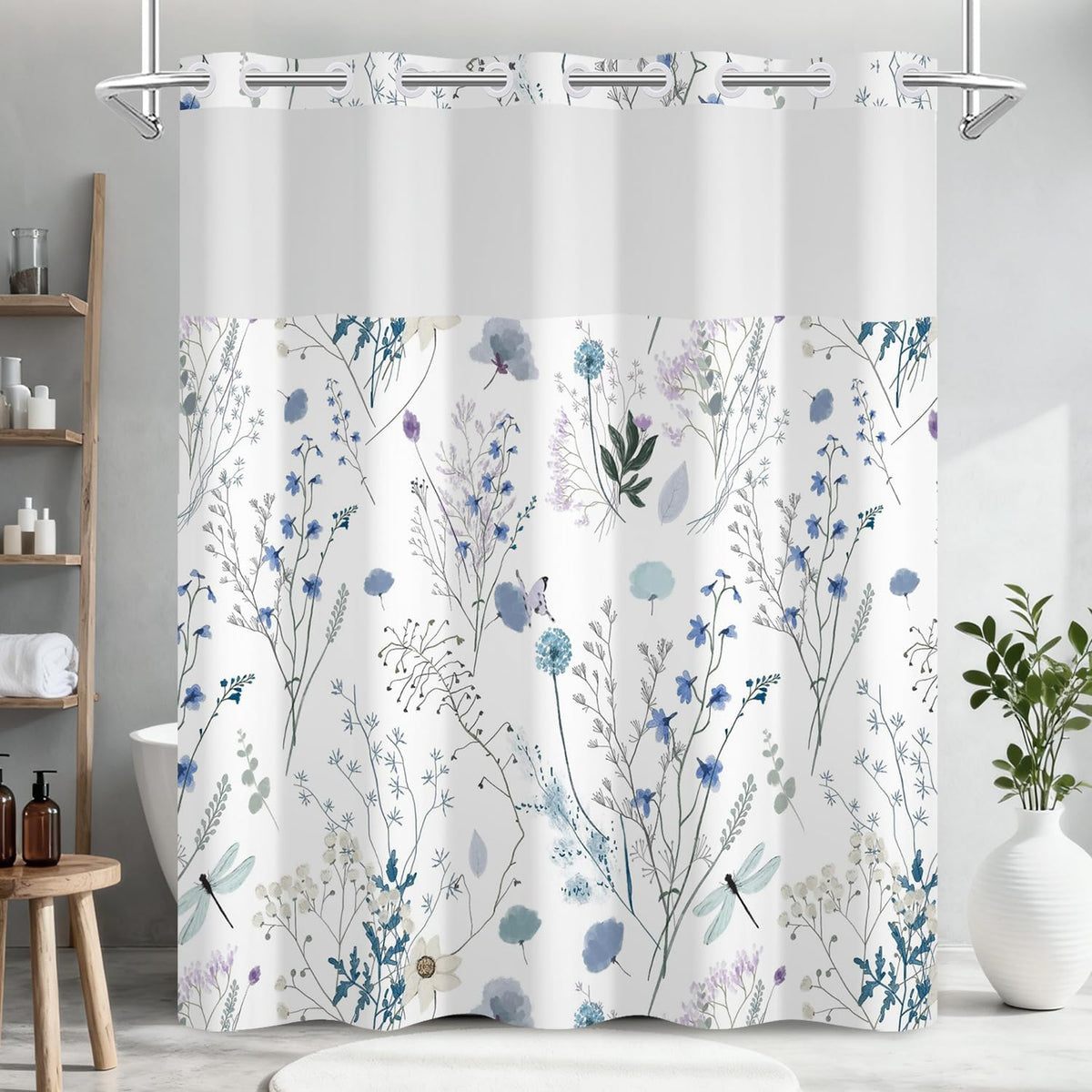 No Hook Watercolor Floral Shower Curtain and Liner Set, Hotel Style Waterproof Fabric Shower Curtain with See Through