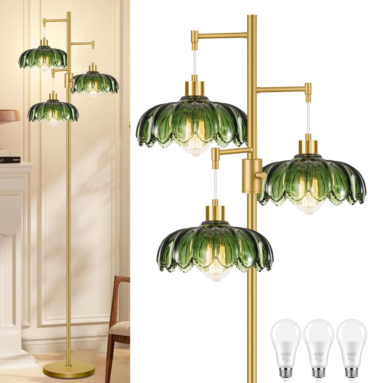 Vintage Floor Lamps Bedroom-3 Light Dimmable Gold Floor Lamp with Glass Lampshape, Flower Tall Lamp Modern Mid