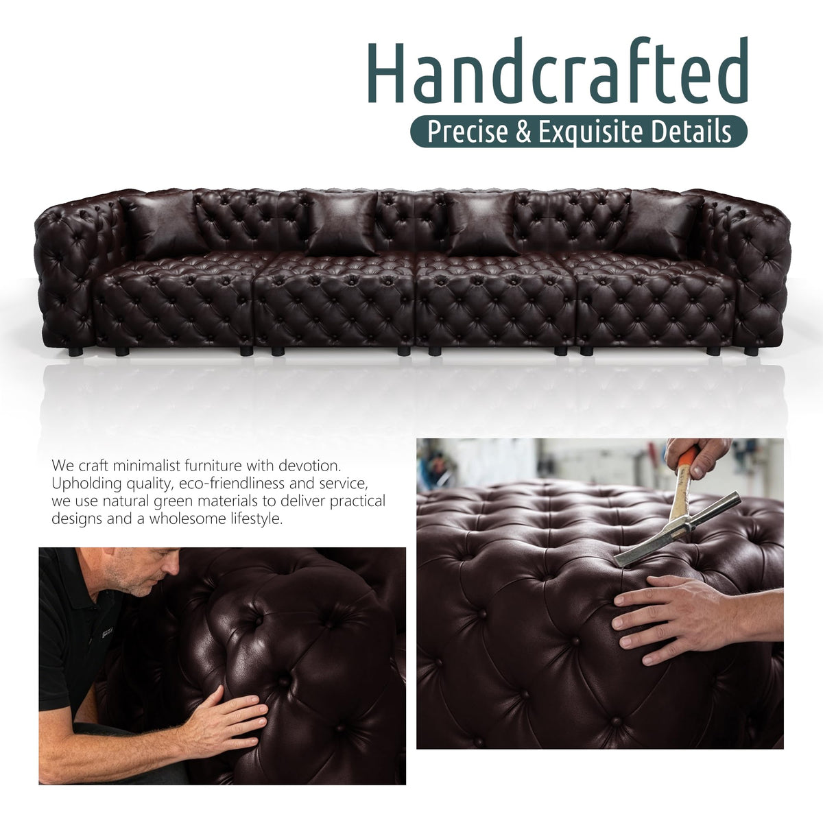48" Faux Leather Couch, Chesterfield Sofa Set-Dark Brown