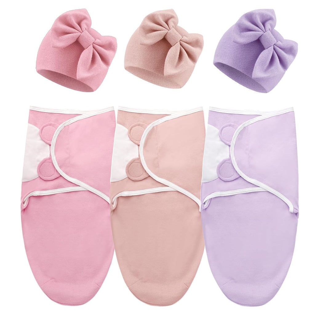 3 Pack Baby Swaddle Blanket with Hats Infant Adjustable Velcro Swaddling Wraps with Bear Ears Cap for 6-12