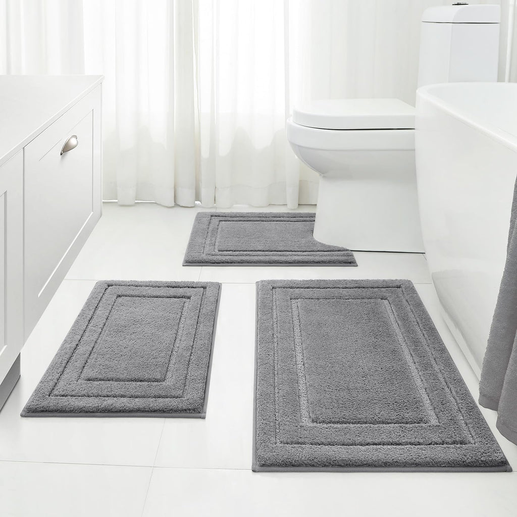 Bathroom Rugs Sets 3 Piece, Super Soft and Absorbent Non Slip Microfiber Toilet Bath Mat with U-Shaped (Grey)