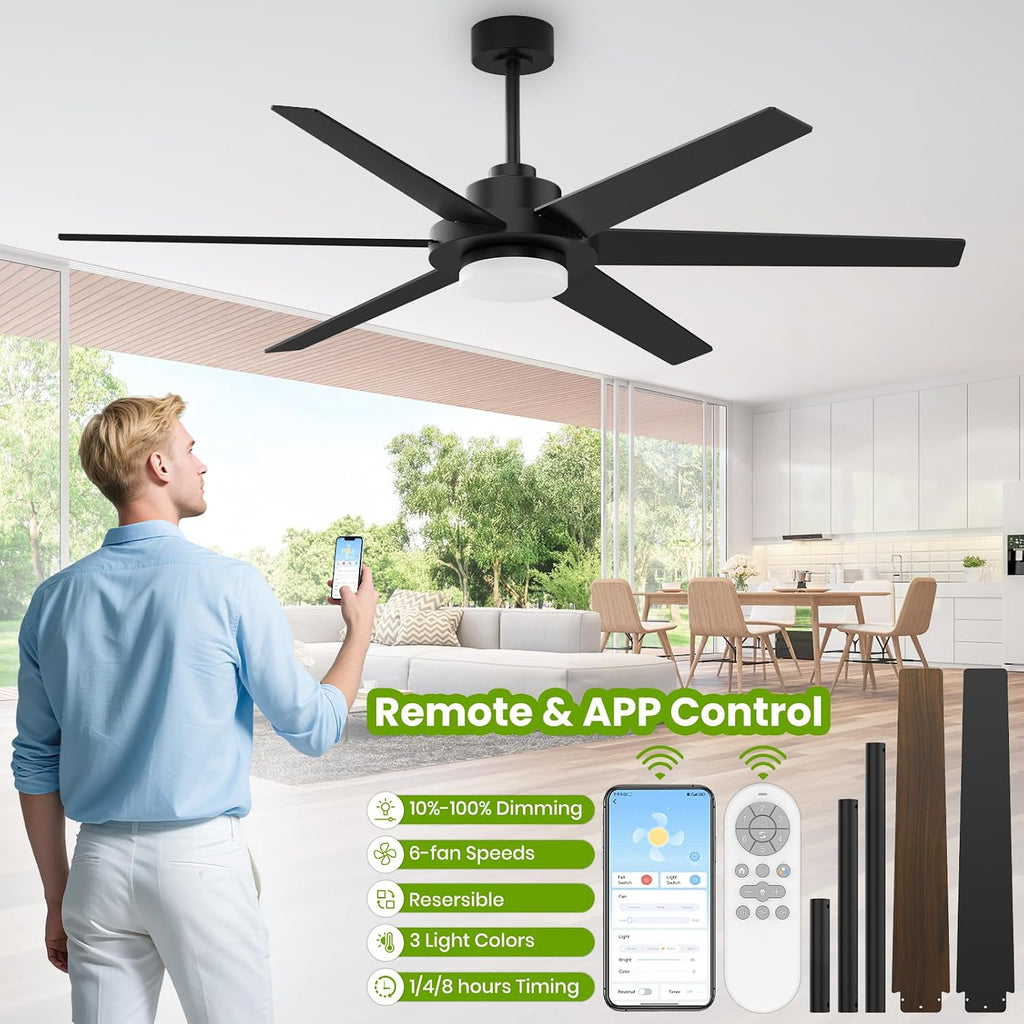 64" Black Outdoor Ceiling Fan with Light & Remote