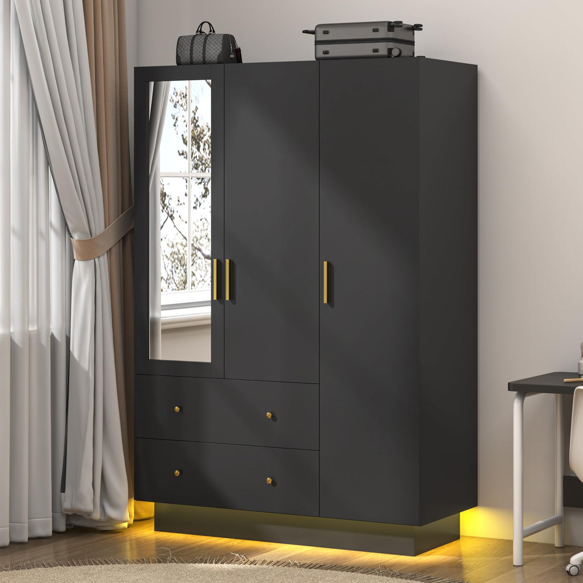 3 Door Wardrobe Closet with Mirror and LED Lights, Bedroom Armoire with Drawers Shelves, Modern Wooden Armoire