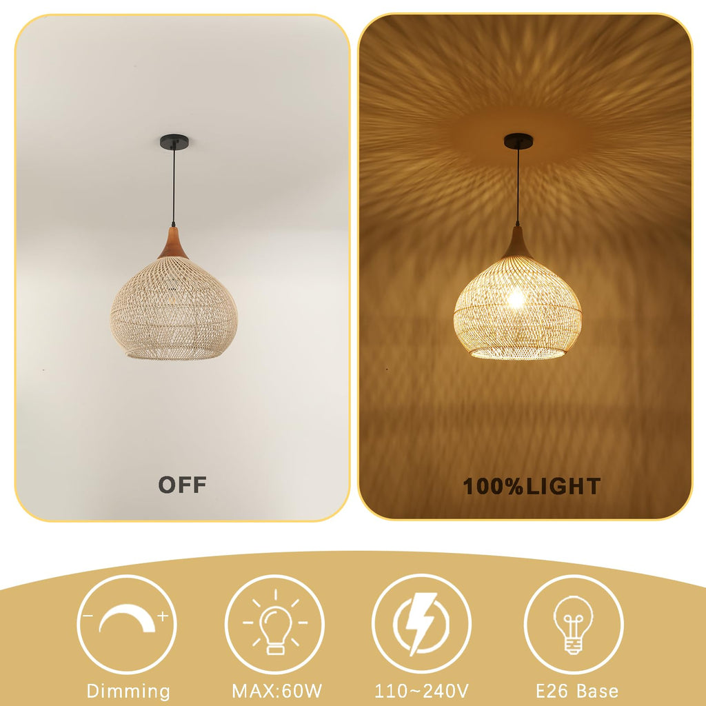 20" Large Rattan Pendant Light, Rattan Chandelier Hand-Woven Boho Pendant Light Fixtures with Solid Wood, Basket