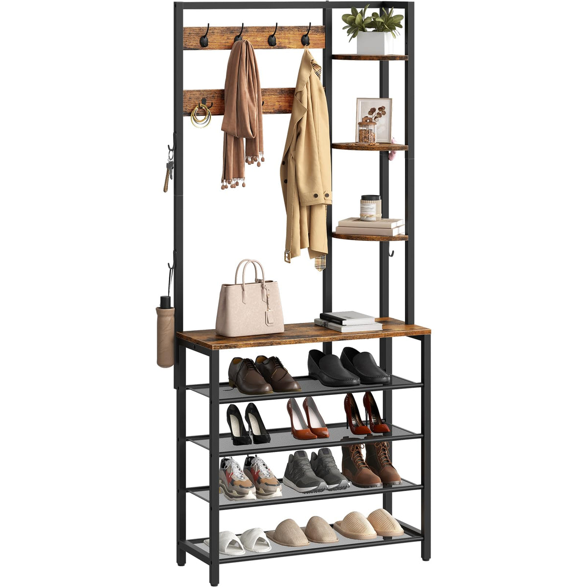 Hall Tree with Shoe Rack and Coat Hooks, Rustic Brown and Black