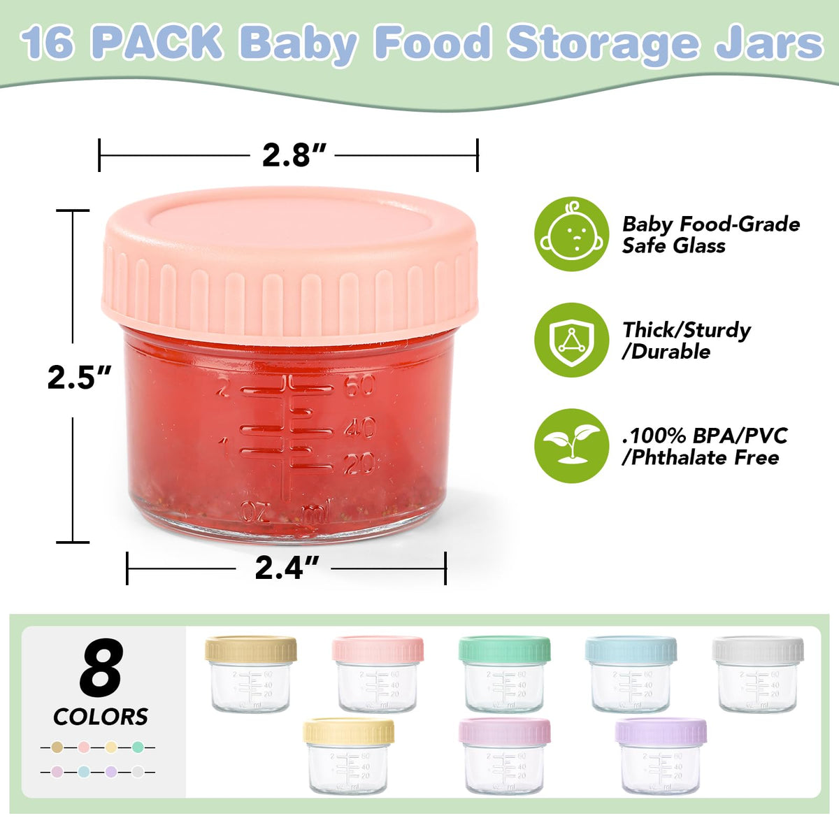 16 Pack Baby Food Containers, 4 oz Glass Baby Food Jars with Lids