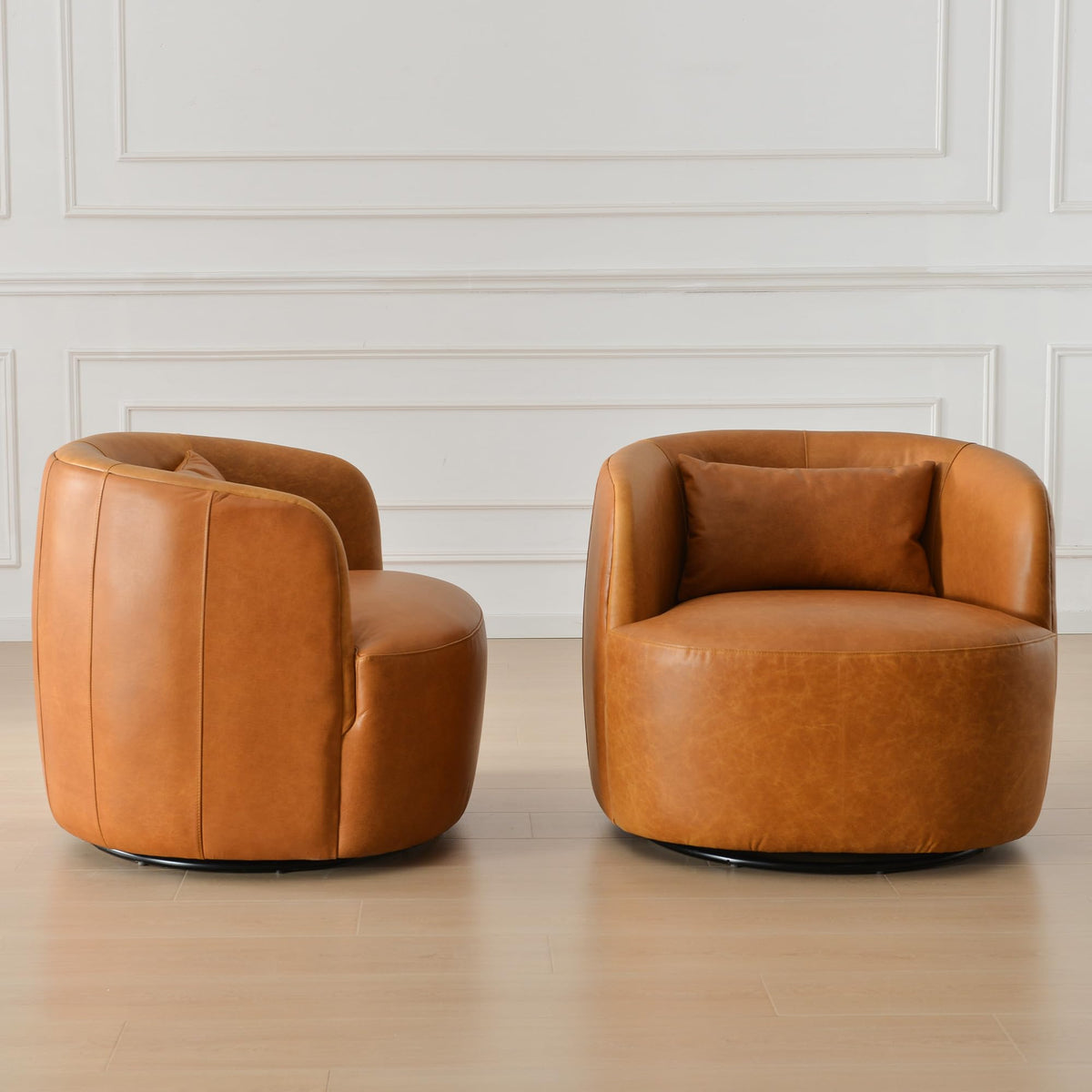 Set of 2 Top Grain Genuine Leather Upholstered Swivel Barrel Chair