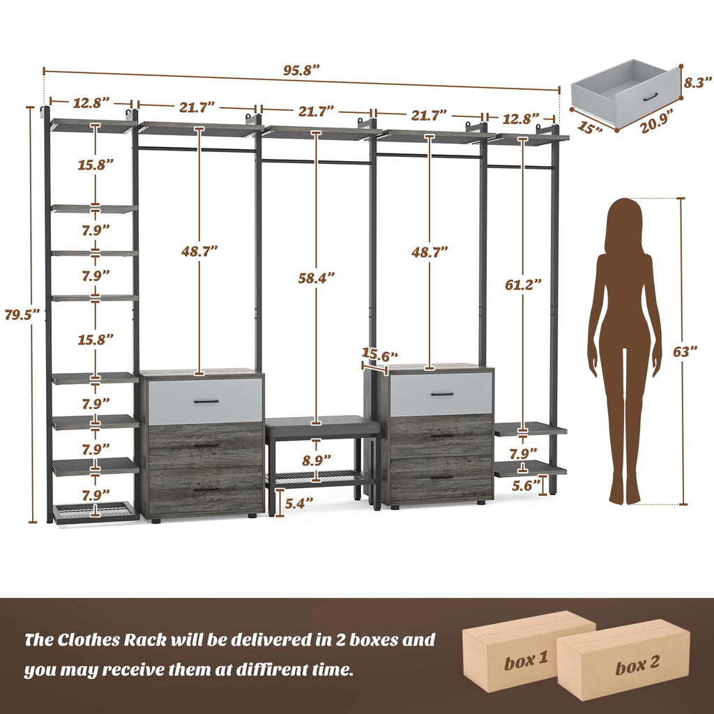 Wall Mounted Closet System, Closet Organizer with 6-Drawers & Rods