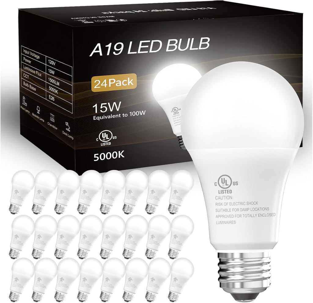 24 Pack LED Bulbs Daylight White 5000K, 100 Watt Equivalent A19 Standard Bulbs, E26 Base, 1500 LM, Efficient 15W