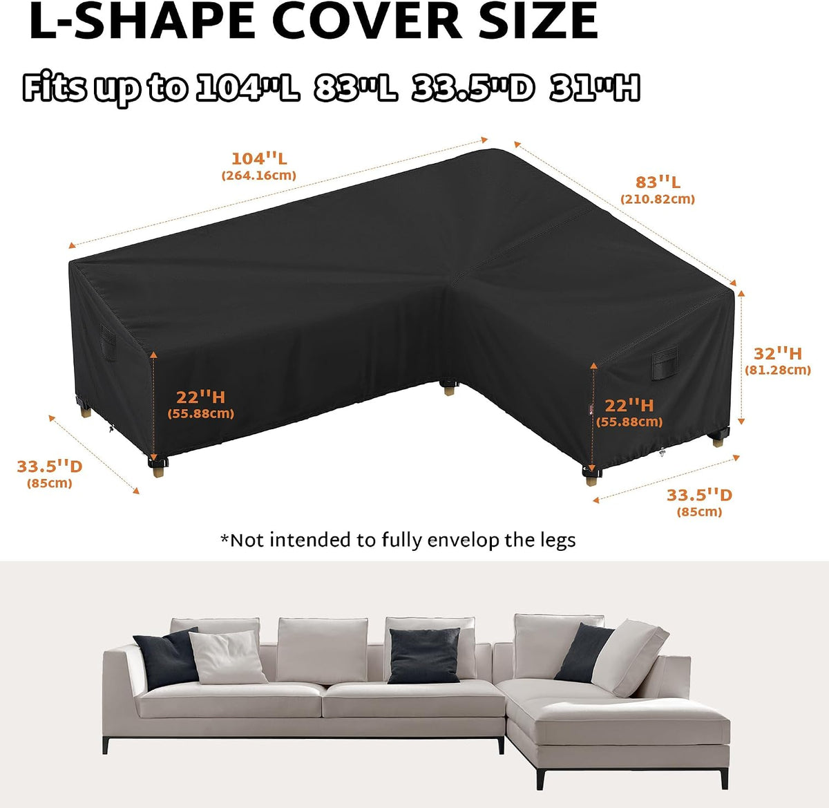 Outdoor Sectional Cover fit 104 x 83 inch L-Shaped Couch Sofa | Waterproof, Weatherproof, fit 103 x 82, 102 x 80, 101