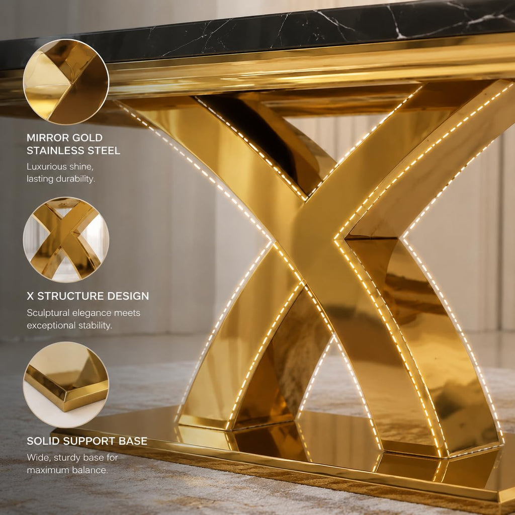 65" Black Faux Marble Dining Table with Polished Gold X-Cross Base
