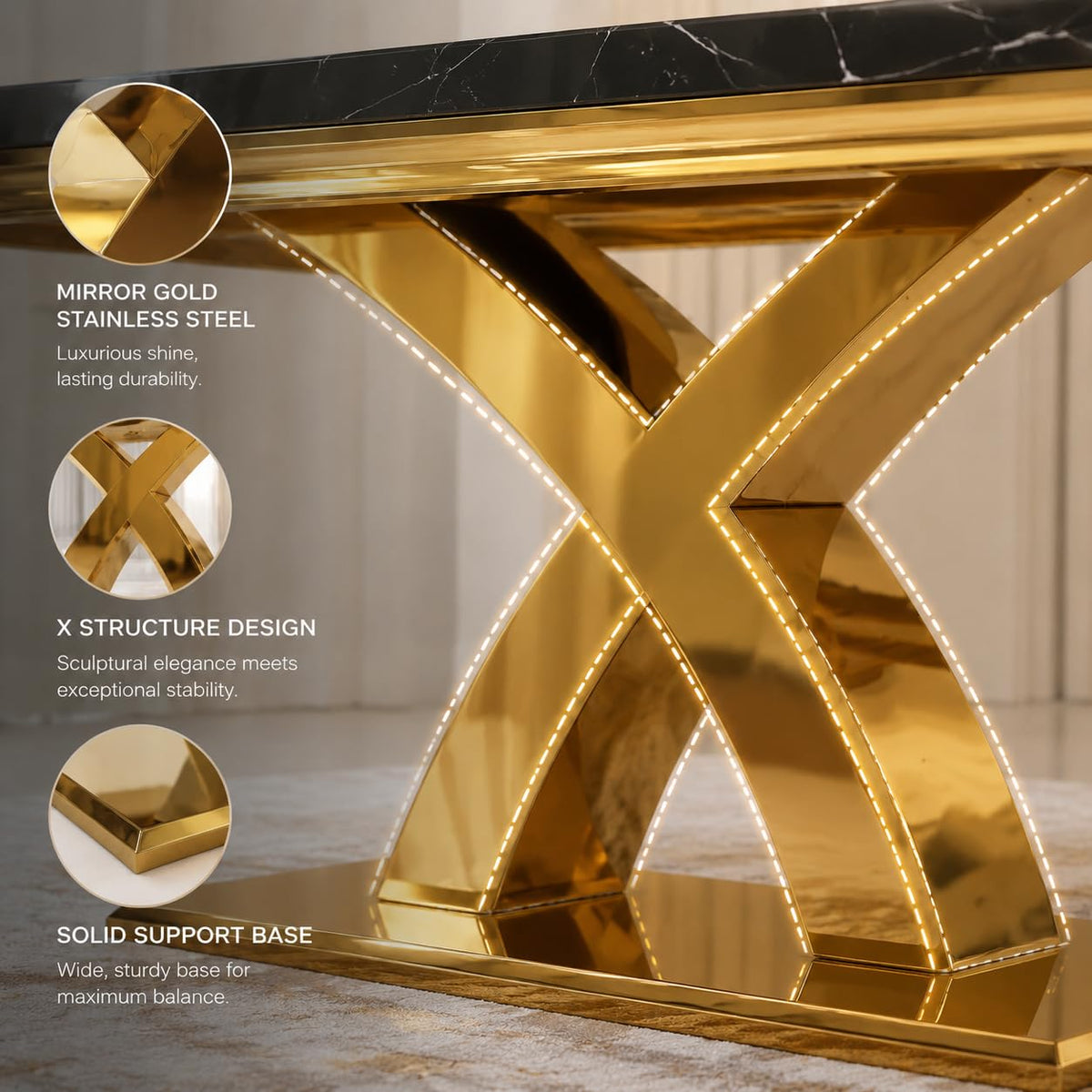 65" Black Faux Marble Dining Table with Polished Gold X-Cross Base