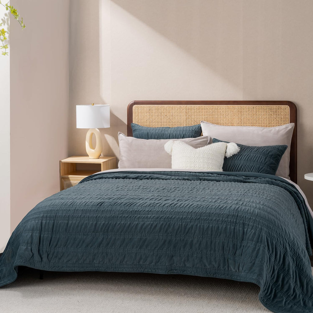 Luxury Ruched Velvet Quilt Set, Stormy Blue