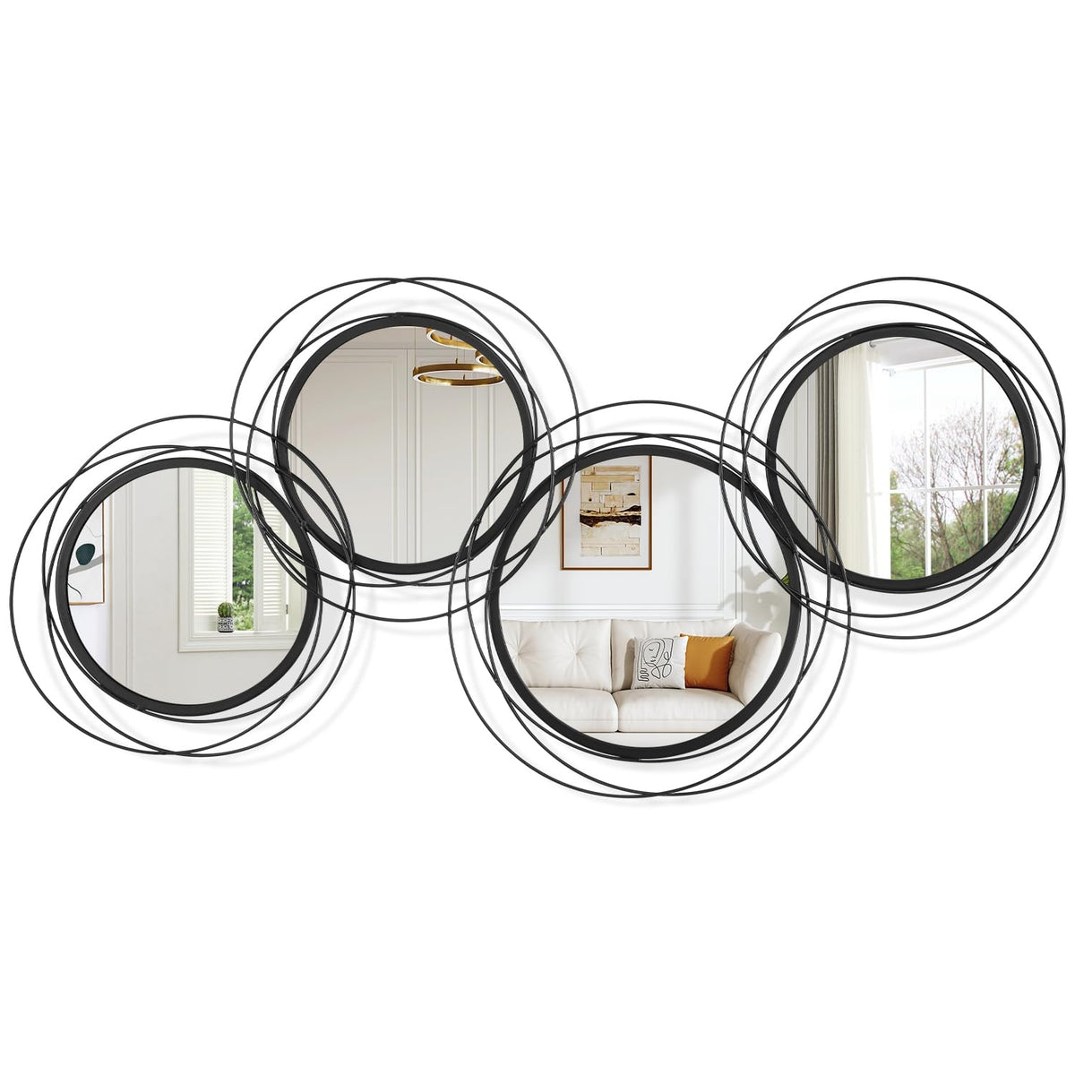 Black Wall Mirror Set, Metal Framed Round Mirror 4 Pack Circle Modern Decorative Mirrors Bedroom Bathroom Entryway