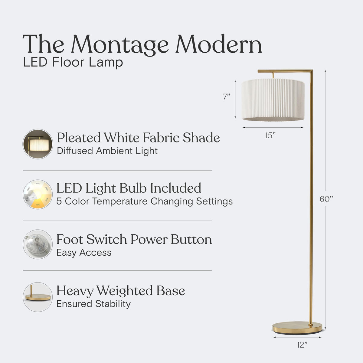 Montage Modern Floor Lamp - LED Standing Lamp with Tan Shade s & Offices - Bedroom Reading Light - Tall Corner Pole