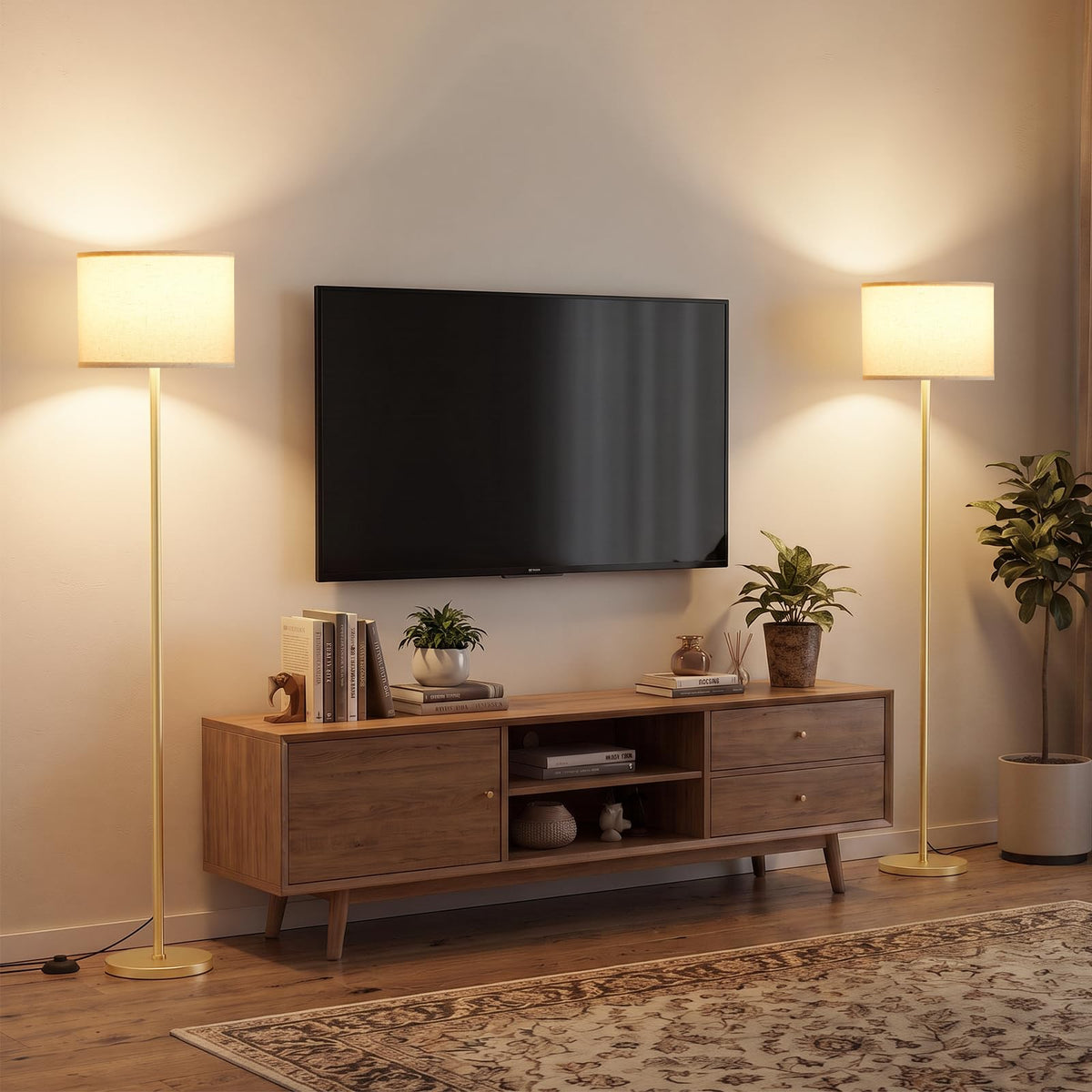 60'' Modern Floor Lamp Set of 2, 2PK Tall Lamps Bedroom, Beige Shade with Gold Pole(Without Bulb)
