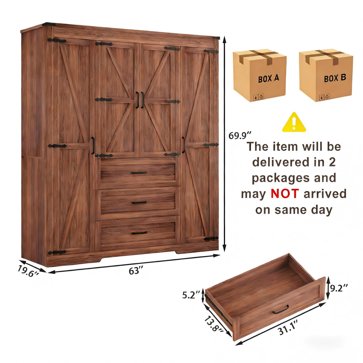 70" Tall Armoire Wardrobe Closet with 4 Doors & 3 Drawers, Farmhouse Bedroom Storage Cabinet with Hanging Rod