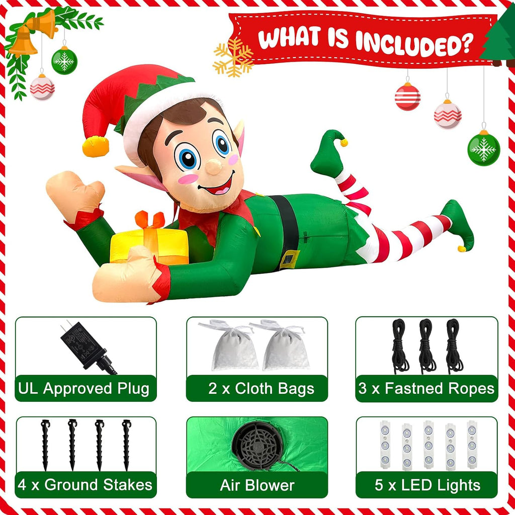 10FT Christmas Inflatable Outdoor Decoration, Giant Lying Elf Inflatable Outdoor Built-in LED Lights, Christmas Blow
