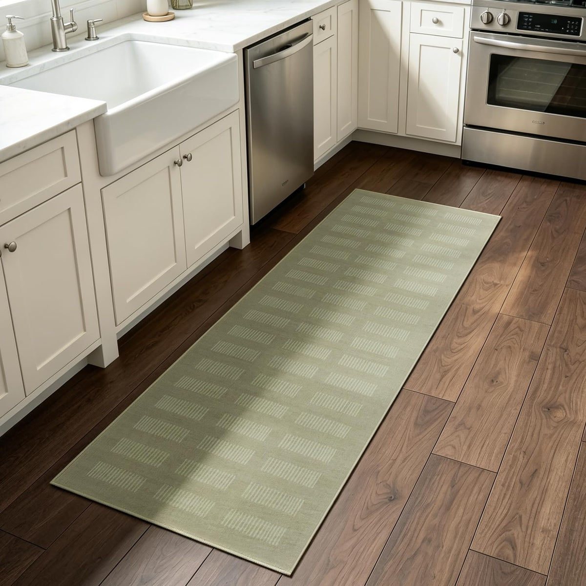 Washable Runner Rug, Neutral Taupe White Geometric Runner Rug, Stain Resistant, Non Slip Low Pile, Hallway