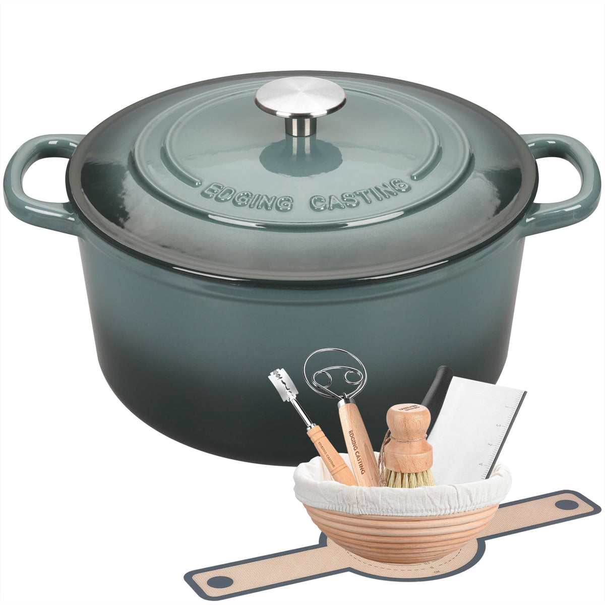 Enameled Cast Iron Dutch Oven with Sourdough Bread Baking Kit, Bread Dutch Oven with Lid, Includes Proofing Basket &