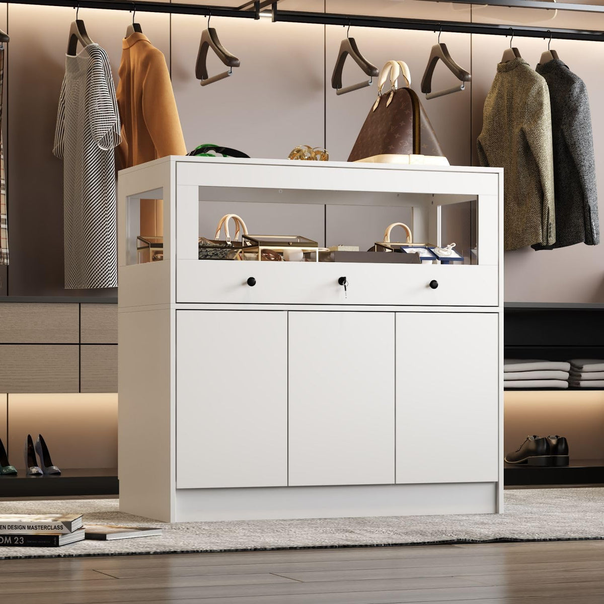 Armoire Bedroom Island Wardrobe Closet Island with Glass Drawer & 3 Doors, Island Glass Dresser Closet Island
