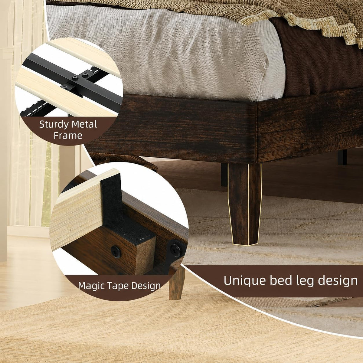 Wood Bed Frame with Diamond Tufted Headboard, Walnut