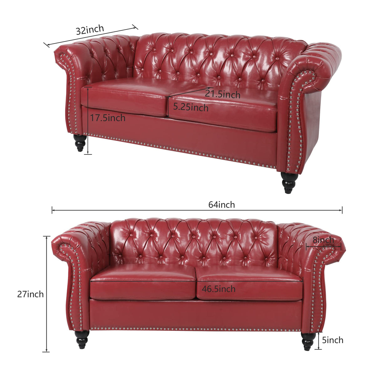Leather Sofa, Chesterfield Tufted Upholstered 2 Seater Couch, Modern Loveseat Couch Classic Furniture Bedroom (Wine