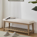 Entryway Bench, Chenille Upholstered Shoe Benches , Ottoman Bench with Solid Wood Shelf, Storage Benches (Beige)