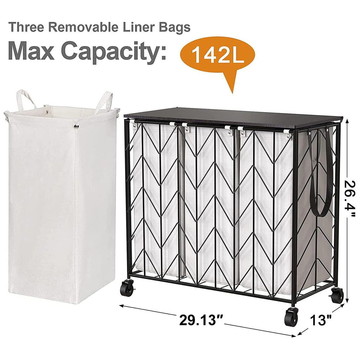 Laundry Hamper 3 Section with Lid, 142L Laundry Basket with Wheels