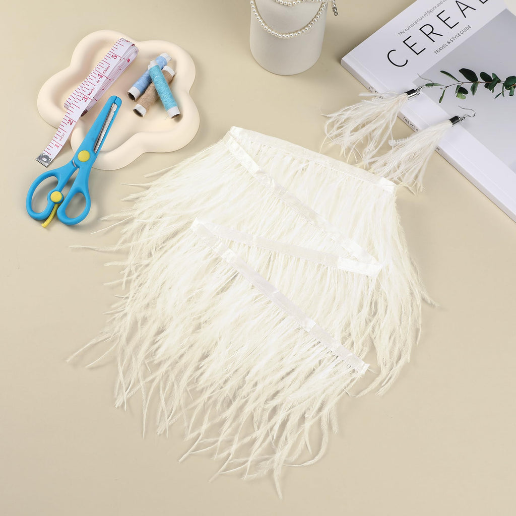 5-7inch Off-White Ostrich Feather Trim for DIY Sewing,2Yards