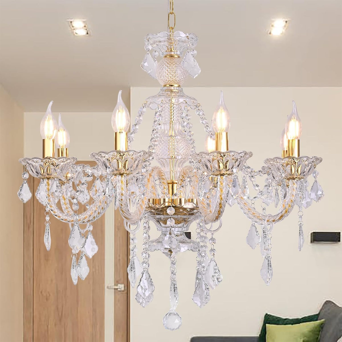Eight-Light Gold Farmhouse Crystal Chandelier with Adjustable Chain