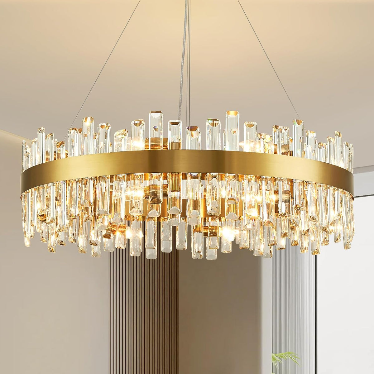 Sixteen-Light Large Gold Rectangular Modern Crystal Chandelier