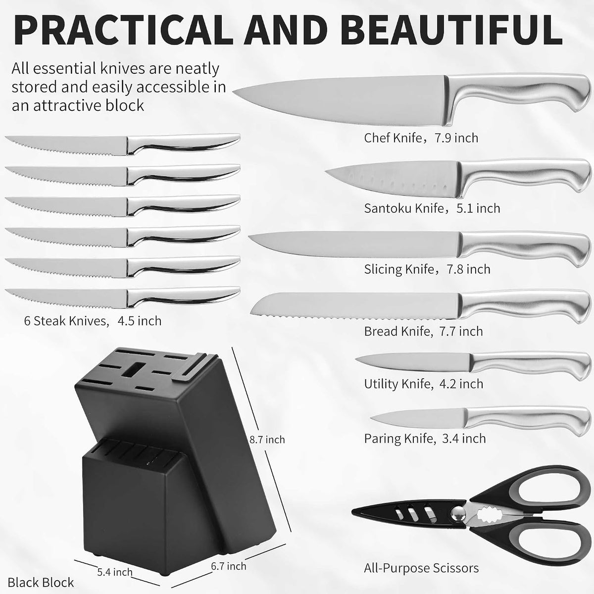 15-Piece Stainless Steel Chef Kitchen Knife Sets with Block & Built-In Sharpener, Professional Chef Knife Sets with