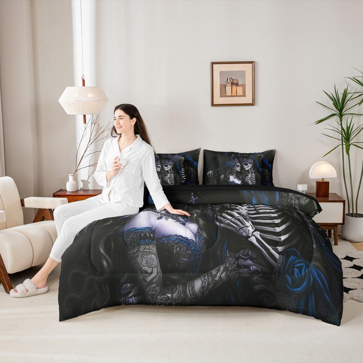 Sugar Skull Couple Bed in a Bag Queen Comforter Set 7 Piece, Vintage Gothic Bedding Sets Goth Skeleton Comforter and