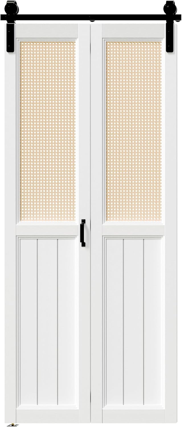 Bifold Barn Door, Cane Webbing Panel with Sliding Folding Closet Door Hardware Kit Set, 36"x 84" Finished Rattan