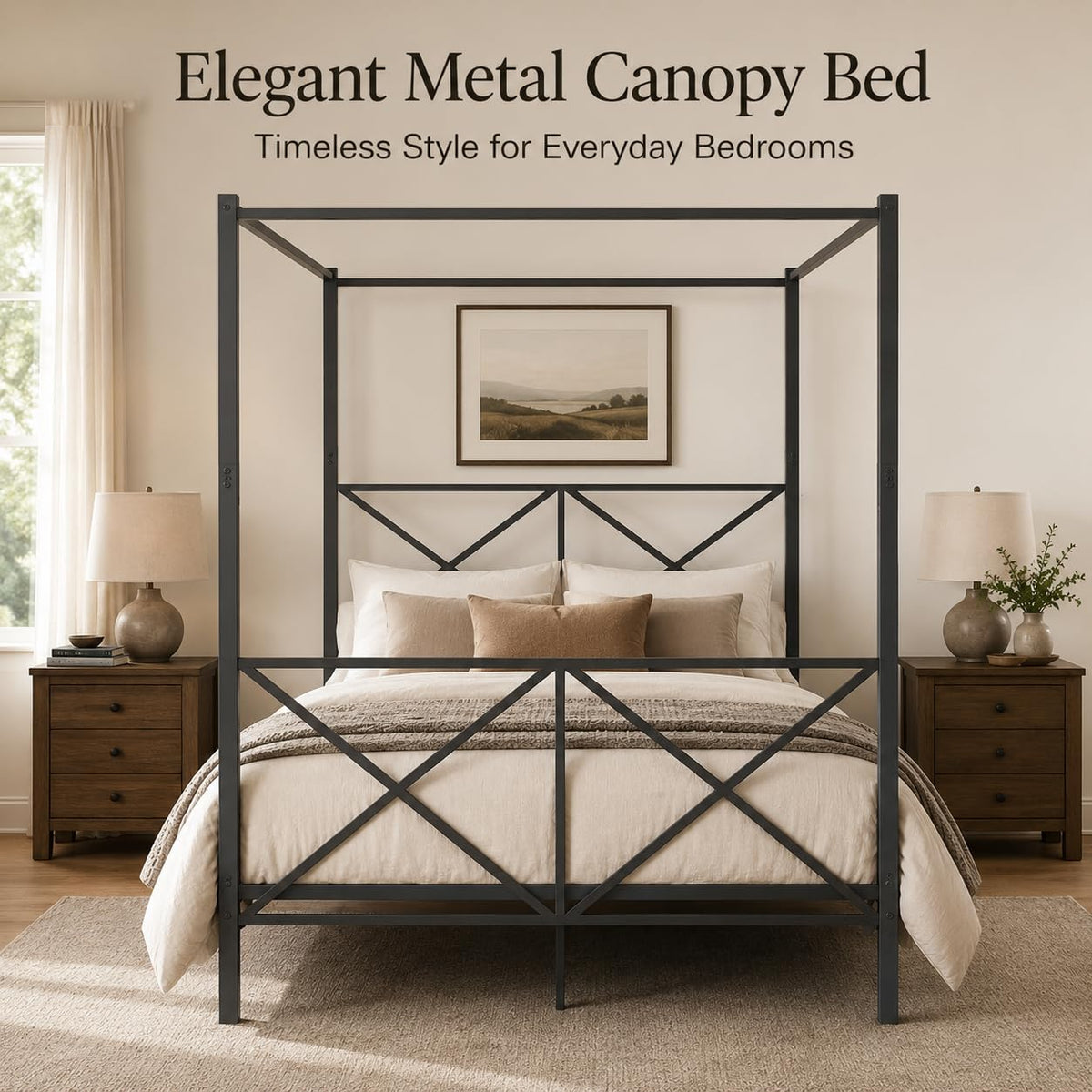 Canopy Bed Frame with Headboard & Footboard, Black Vintage Metal Canopy Platform Bed 14 Inch Platform, No