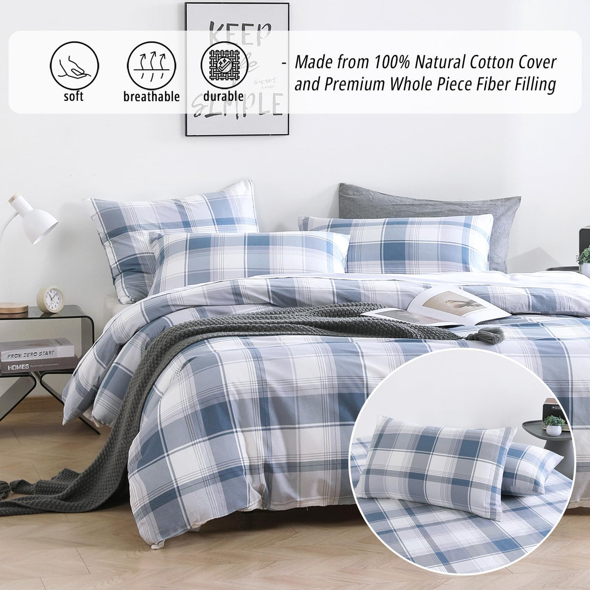 Modern Denim Blue Gray Plaid Cotton Comforter Set 3PC