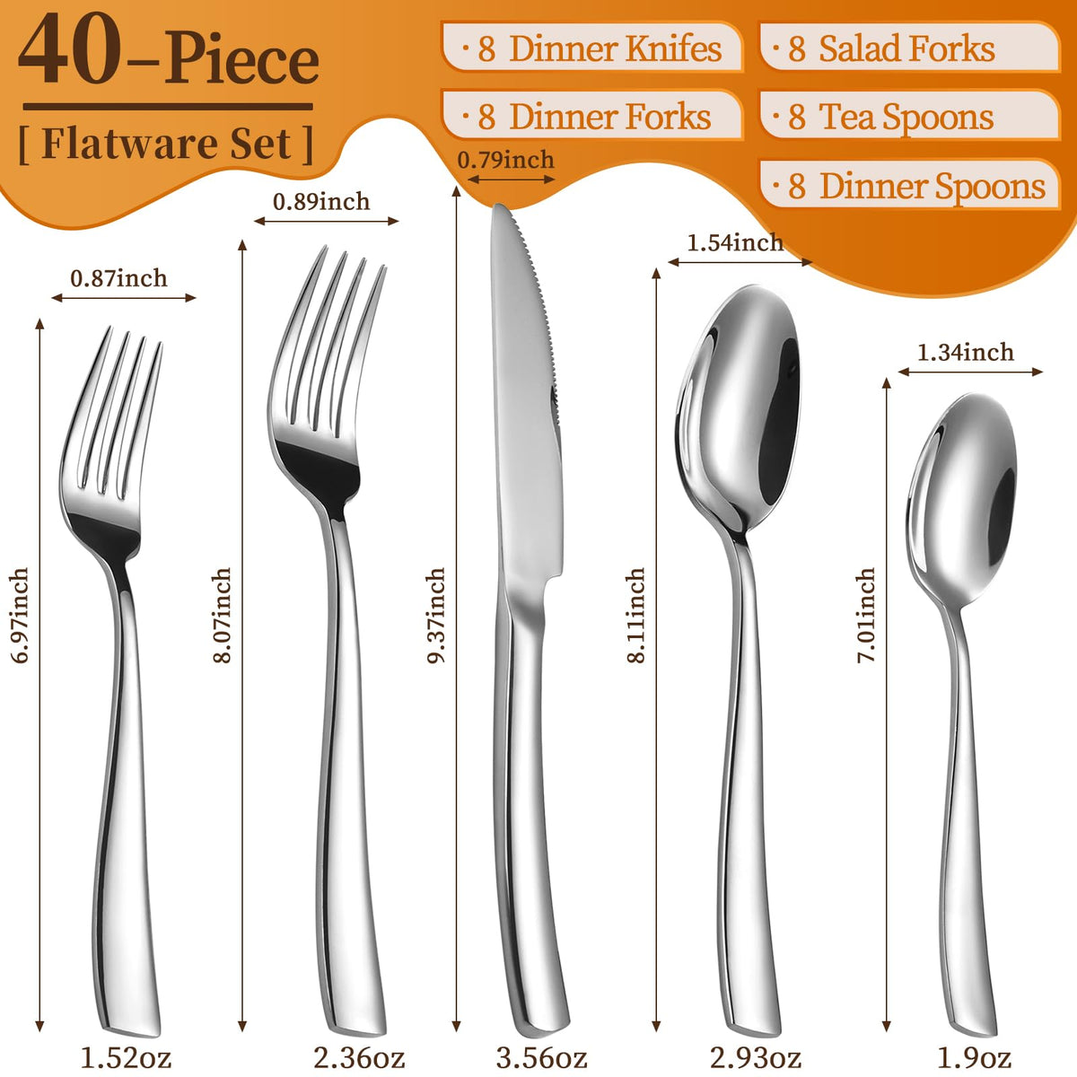 40-Piece Silverware Set, Heavy Duty Stainless Steel Flatware Cutlery Set Service for 8, Food-Grade Utensil Sets
