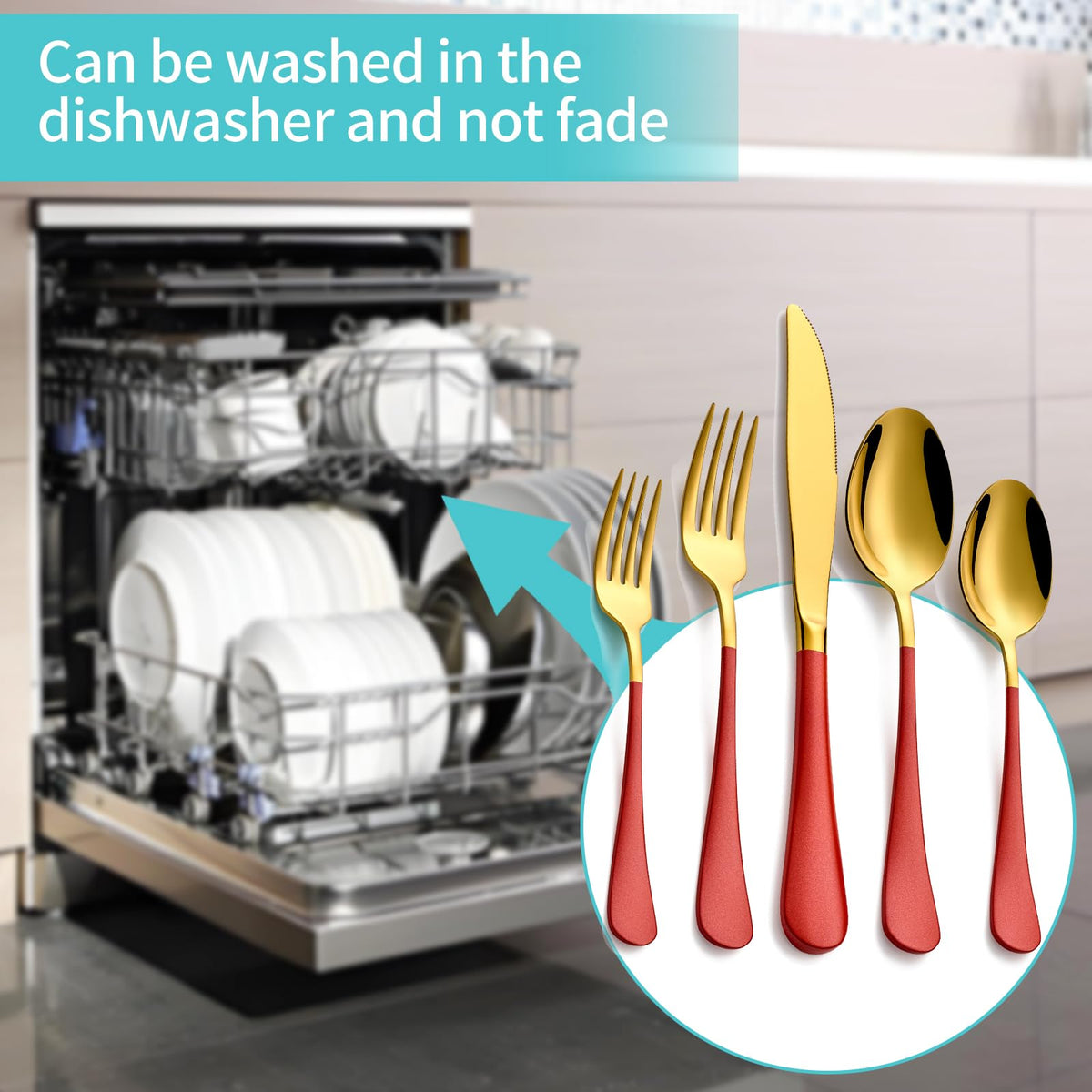 20-Piece Gold and Red Silverware Set for 4, 18/0 Stainless Steel Flatware Cutlery Utensils Set, Include Dinner