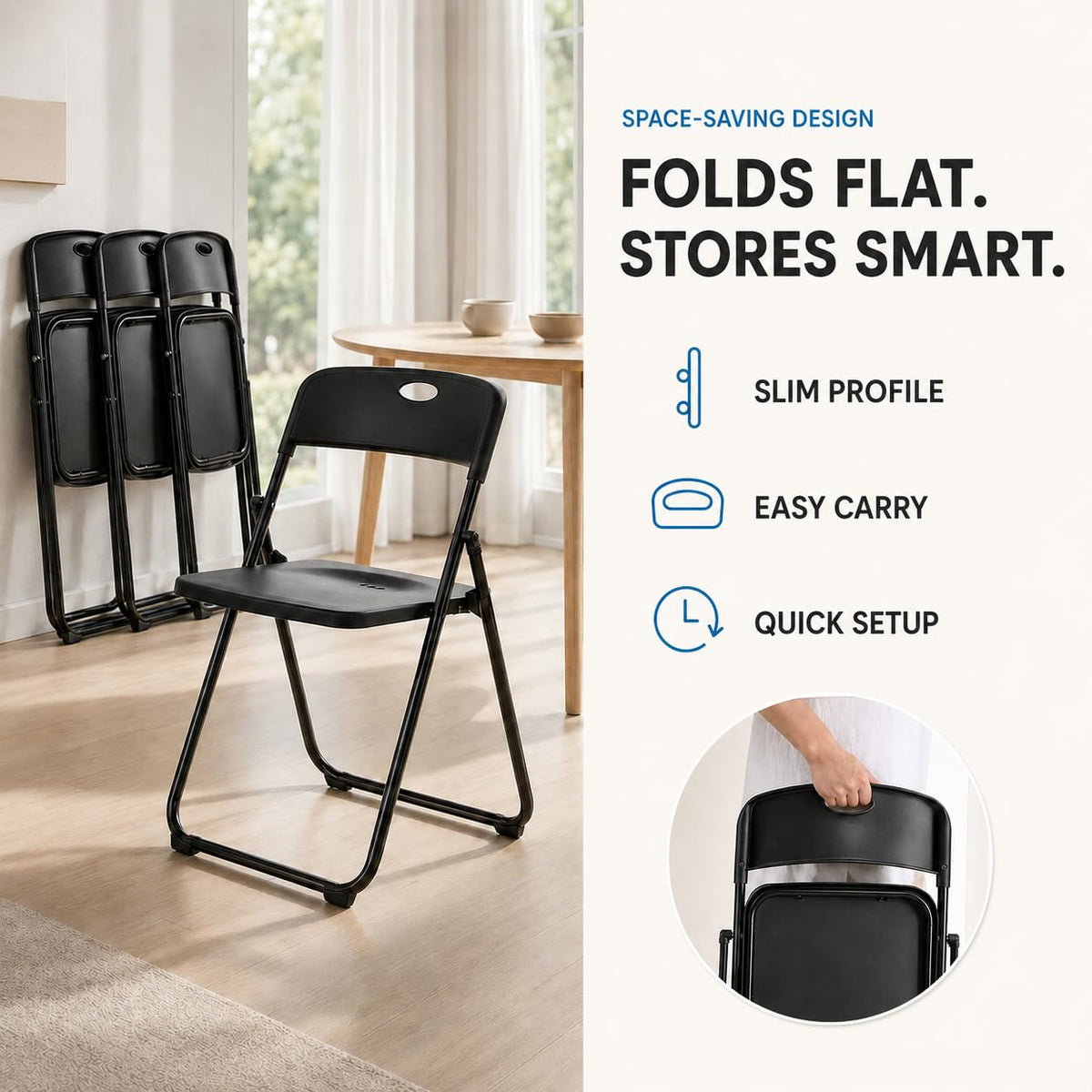 6 Pack Black Plastic Folding Chairs, Portable Foldable Chair