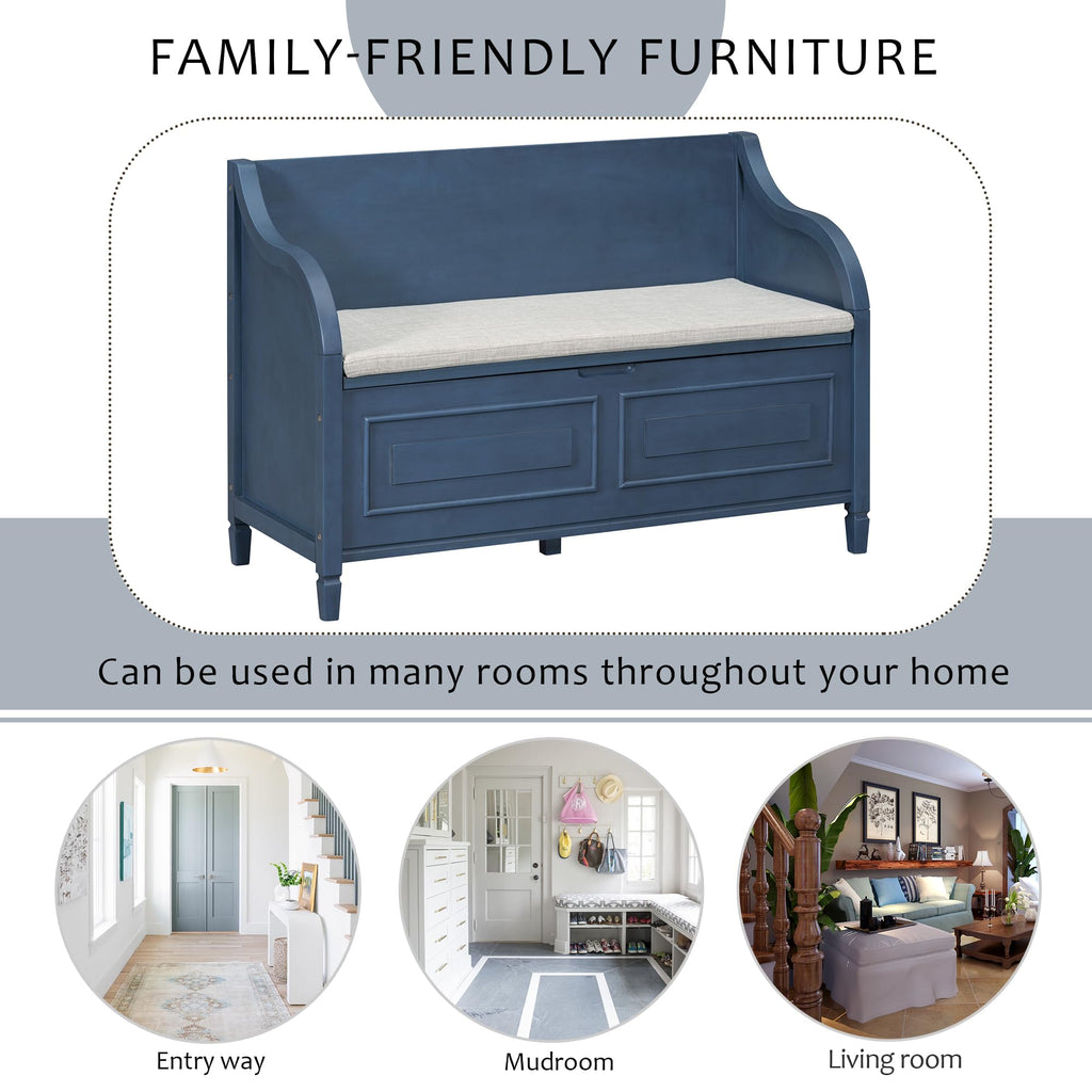Rustic Style Solid Wood Storage Bench with Safety Hinge, Multifunctional Shoe Bench with Removable Cushion Bedroom