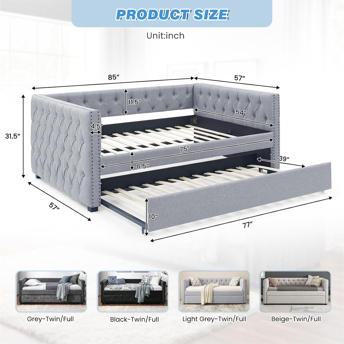 Daybed with Trundle, Modern Upholstered Full Size Day Bed Button-Tufted Sofa Daybed Frame with A Roll-Out Trundle, No